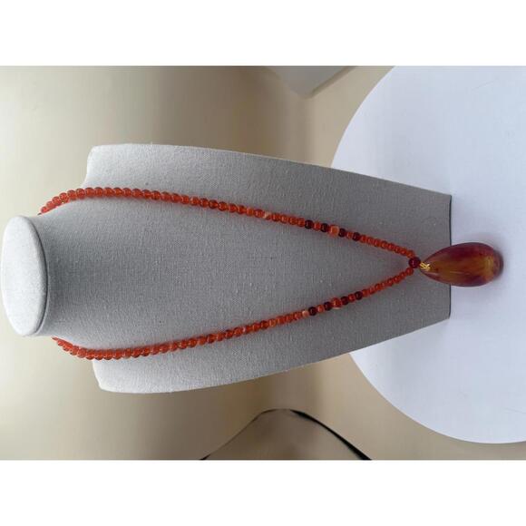Jewelry - Orange Beaded Necklace with Amber Teardrop Pendant